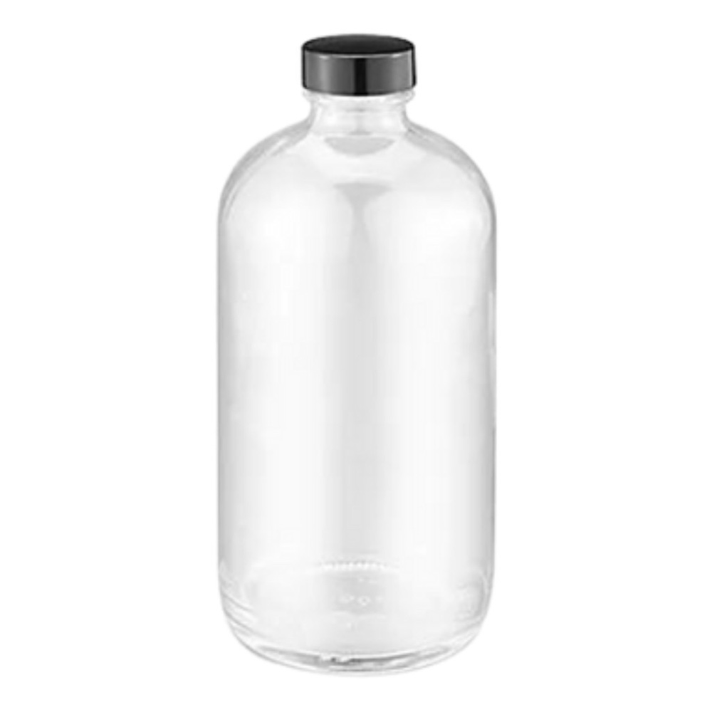NWOT Set of Three Clear Boston Round Glass Bottles with Black Caps